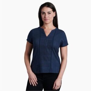 Kuhl Liana Short Sleeve Organic Cotton Popover Split Neck Blouse Top Blue